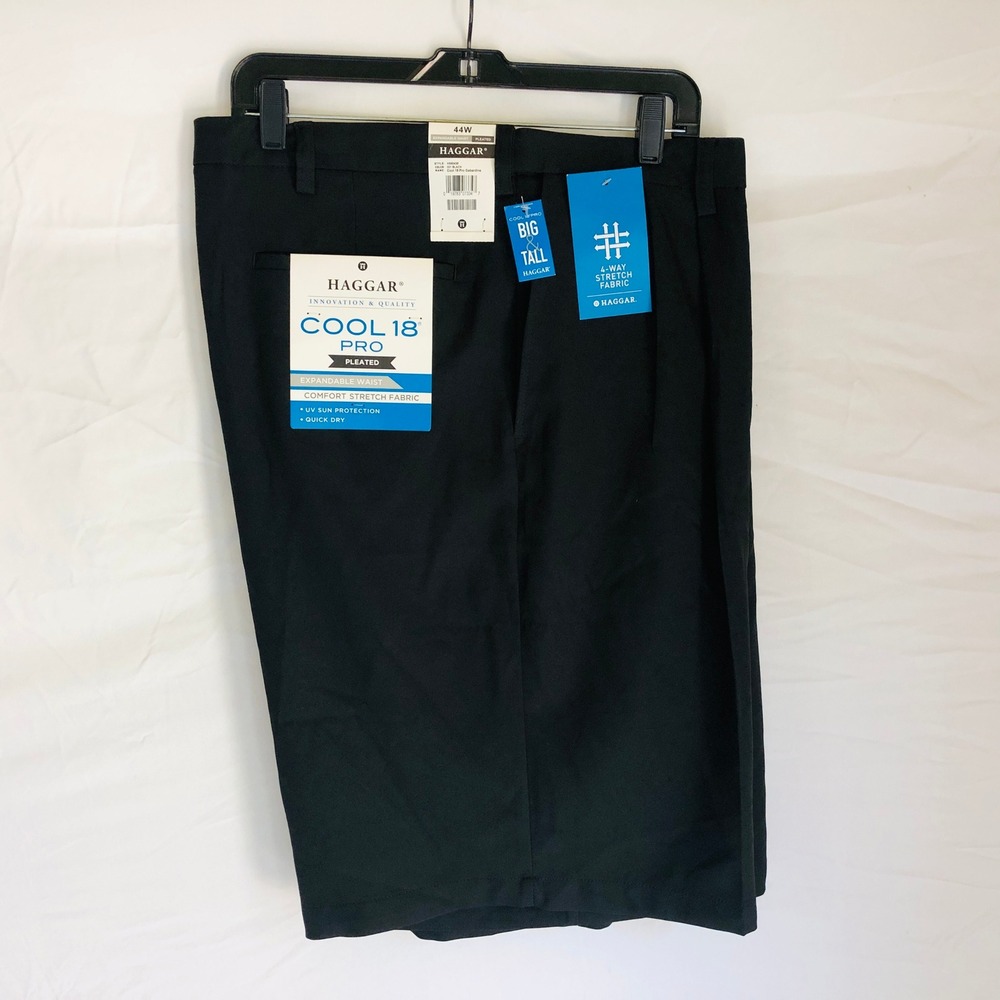 Haggar Cool 18 Pro Mens 44 Black Pleated Expandable Waist Golf Shorts Big & Tall